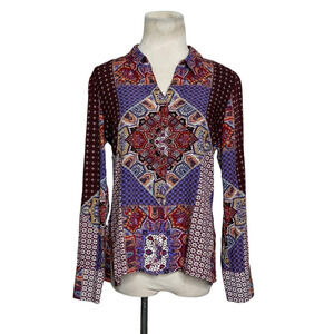 Crosby red blue patchwork long sleeves hidden buttons shirt size Small